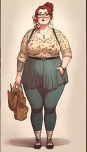 Graphic Novel Style Illustration Of A Cute Plus Size Tattooed Woman With Red Hair In Skirt, Cat Eye Glasses, Leggings, And Ballet Flats. [Sci-Fi, Fantasy, Historic Character. Anime, Comic, Manga.]