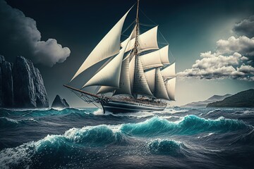 Canvas Print - White sailing superyacht at sea. Generative AI.	