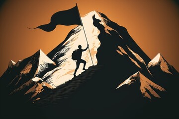 Wall Mural - Reaching your goals concept, mountain climber with flag on top of mountain. Generative AI.