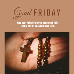 Wall Mural - Image of good friday text over hand holding rosary with cross