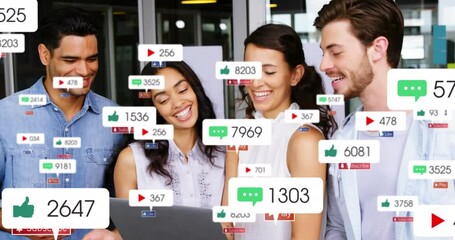 Sticker - Animation of notification icons with numbers over happy diverse coworkers analyzing report on laptop