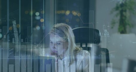 Poster - Animation of graphs moving over caucasian businesswoman working over computer in office at night