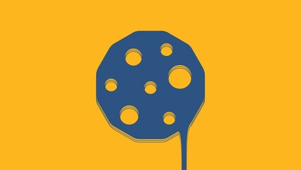 Poster - Blue Cookie or biscuit with chocolate icon isolated on orange background. 4K Video motion graphic animation