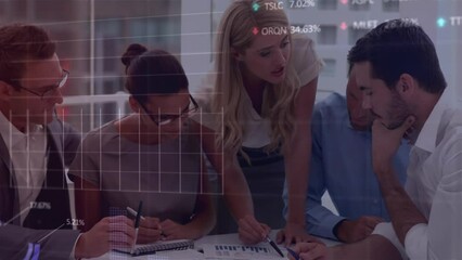 Poster - Animation of data processing over diverse businesspeople discussing over documents at office