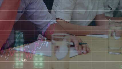 Poster - Animation of statistical data processing over mid section of businesspeople taking notes at office