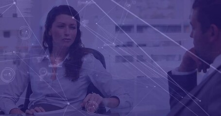Poster - Animation of network of connections over diverse businessman and businesswoman discussing at office