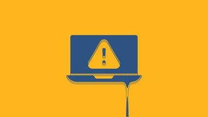 Poster - Blue Laptop with exclamation mark icon isolated on orange background. Alert message smartphone notification. 4K Video motion graphic animation