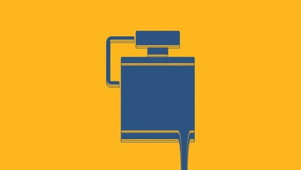 Sticker - Blue Canteen water bottle icon isolated on orange background. Tourist flask icon. Jar of water use in the campaign. 4K Video motion graphic animation