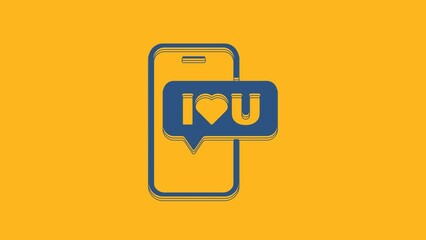 Poster - Blue Mobile phone with heart icon isolated on orange background. Valentines day. 4K Video motion graphic animation