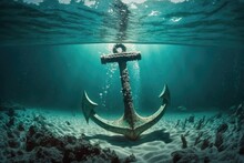 Anchor Under Water In A Turquoise Ocean. Generative AI.