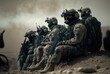 KI generierte Soldaten machen Pause und erholen sich - Waffenstillstand. Keine echten Menschen und Waffen - Militär Gaming Vorlage	