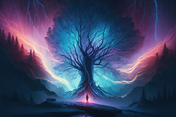 Wall Mural - Yggdrasil tree of life engulfed in mystical electric lightning in the middle of beautiful lake. Errie and surreal setting. Nordic spiritual mythology. Generative art