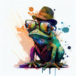 Frog wearing a hat and glasses, watercolor, illustration