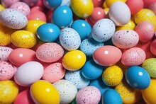 A Pile Of Colorful Eggs With Polka Dot Designs On Them, All In Different Colors And Sizes, All In A Square Frame, With A White Border Around The Edges And A Blue Border. Generative AI