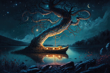 Wall Mural - Mystical yggdrasil tree with electric branches under the nothern lights sky in the middle of the lake with a boat in the foreground. Generative art.