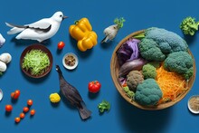 A Trash Can Filled With Lots Of Food And Vegetables On A Blue Background With A Flying Bird Above It And A Blue Background With A Blue Background.  Generative Ai