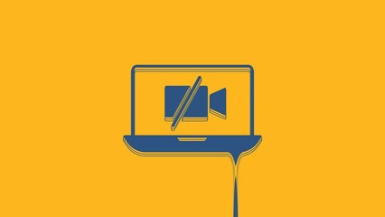 Poster - Blue Video camera Off on laptop screen icon isolated on orange background. No video. 4K Video motion graphic animation