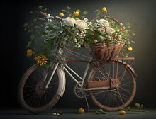 Vintage Bicycle With A Charming Basket Of Colorful Flowers, Nostalgic And Rustic Design, Generative AI