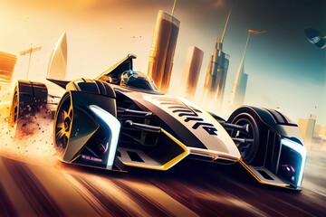 New electric and futuristic luxury racing formula. Bright neon headlights. Generative AI.