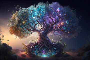 The Enchantment of a beautiful Yggdrasil tree: Mythical Tree Stock Image for Pagan culture.  Generative Art