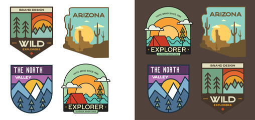 Wall Mural - Set of retro camping badges featuring various wilderness-themed designs including mountains, forests, Arizona desert and outdoor activities. Stock vector travel labels