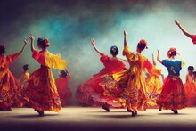 Traditional Folklore Dance In Latin America. Beautiful Colorful Dress Waving In The Air. Generative AI