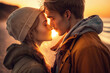 © aicandy - young couple in love share a kiss on the beach as the sun sets, generative ai