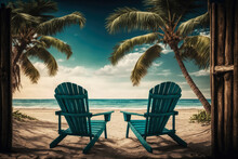 Tropical Beach With Two Chairs And A Coconut Palm Tree, Generative Ai