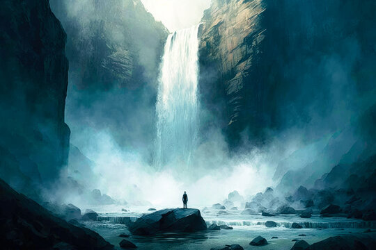 A person standing at the base of a majestic waterfall, with mist and spray filling the air and the sound of rushing water all around, illustration - Generative AI