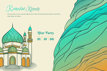 Poster - Ramadan kareem background template with Mosque behind the cliff wall in hand drawn design