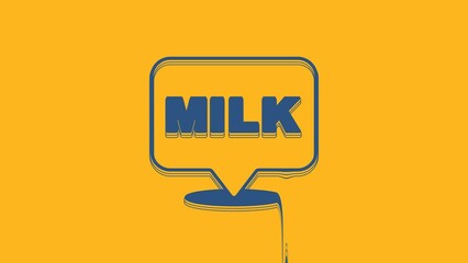 Sticker - Blue Lettering milk icon isolated on orange background. Hand written design for label, brand, badge. 4K Video motion graphic animation