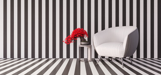 Wall Mural - Modern armchair and red bonsai plant in black and white wooden room. Minimal interior design, 3d render