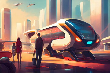 Wall Mural - New means of autonomous public human transport in the future. Futuristic city in the background, with people and androids together waiting for the means of transport. Generative AI.