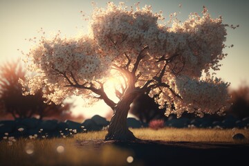 Wall Mural - Blooming Trees and Sun Flare in a Spring Orchard Generative AI	