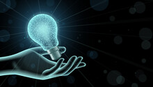 Cupped Hand With Bright Light Bulb, Technology Creativity Concept, Horizontal Rectangle With Free Space For Text.