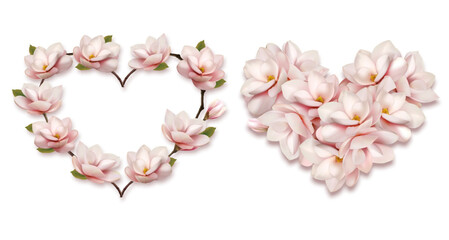 Aufkleber - Collection of hearts collected from pink magnolia flowers isolated on a transparent background. Vector illustration.