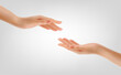 Two hands touching People helping each other with their fingertips. Giving a helping hand concept. Concept of human relation, community, togetherness, teamwork. Vector