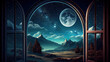 Landscape view from the room: Open window with a beautiful view of the moon and stars and breathtaking Landscape. Background, Banner, Generative AI. 