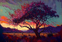Colorful Impressionist Oil Painting Style Illustration Of A Lone Desert Tree In Bloom With Mountains. [Fantasy, Historic, Nature Scene.]