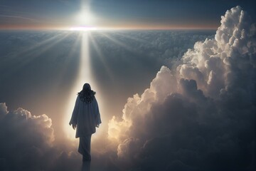 Jesus Christ is rising to the clouds and going towards heaven. Generative AI