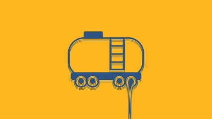 Sticker - Blue Oil railway cistern icon isolated on orange background. Train oil tank on railway car. Rail freight. Oil industry. 4K Video motion graphic animation