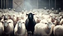 Illustration Of A Black Sheep On A Background Of White Sheep Leadership Concept, Generative AI
