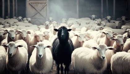 illustration of a black sheep on a background of white sheep leadership concept, generative AI