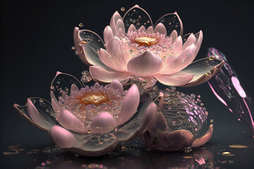 Wall Mural - Dreamlike image of light glowing lotus flower or water lily with transparent pink illumination under dark night sky . Sublime Generative AI image .