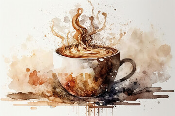 Watercolor coffe cup, concept coffee and flowers art illustration, cafe generative ai