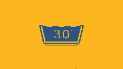 Sticker - Blue Washing under 30 degrees celsius icon isolated on orange background. Temperature wash. 4K Video motion graphic animation