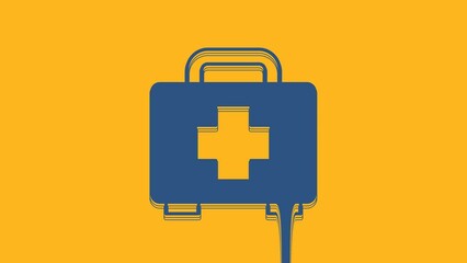 Wall Mural - Blue First aid kit icon isolated on orange background. Medical box with cross. Medical equipment for emergency. Healthcare concept. 4K Video motion graphic animation