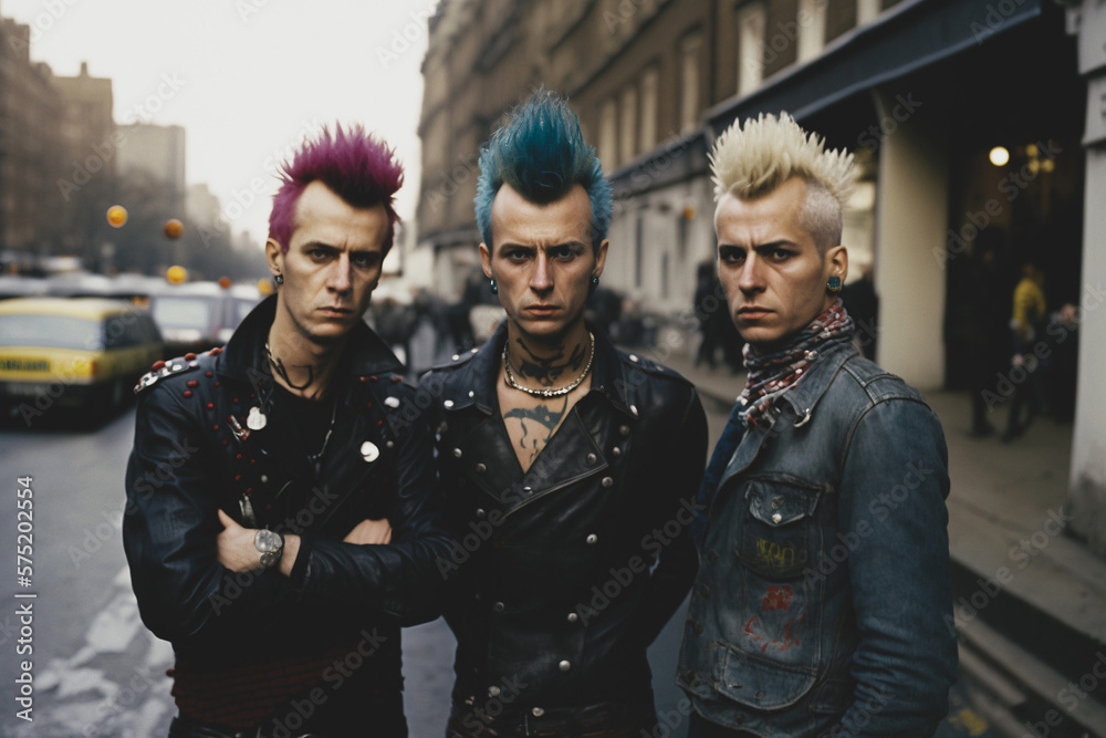 Three British punk rock men with colorful mohawk hair style and