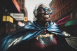 Mature black woman wearing a super hero costume including a cape and mask. Wrinkles on her face. Generative AI.
