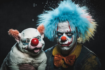 Wall Mural - Man in ugly clown makeup with a small dog that looks like him. Sad and scary circus life. Generative AI